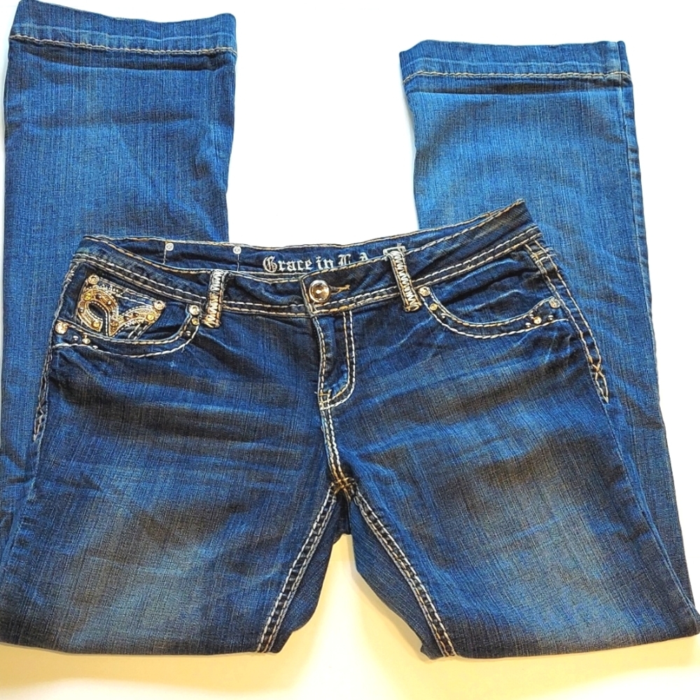 Grace in LA Distressed Flare Bootcut Jean - Picture 3 of 9